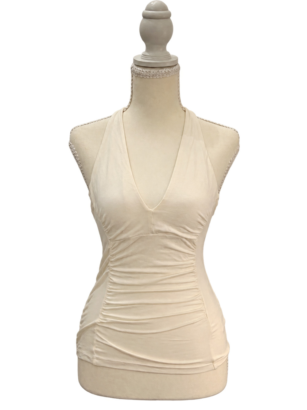 BCBGMAXAZRIA White Deep V Neck Ruched Halter Top S NWT Y2K